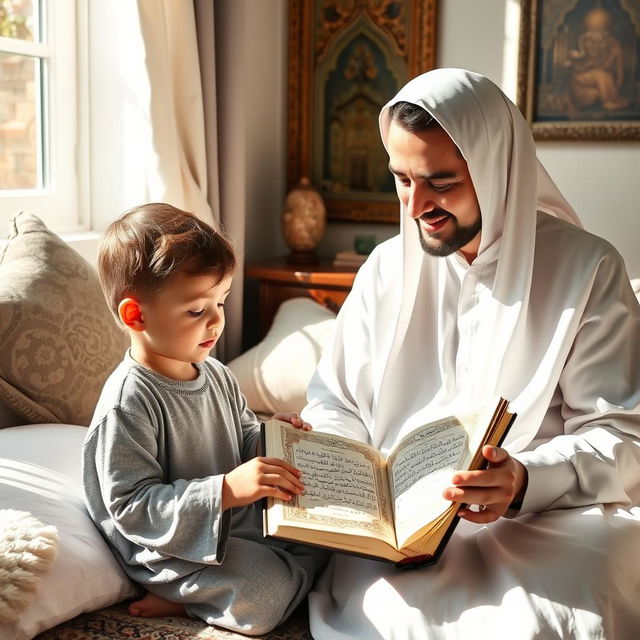 A serene and peaceful scene depicting a parent teaching their child the Surahs of Faza'il after prayer in a cozy, well-lit room