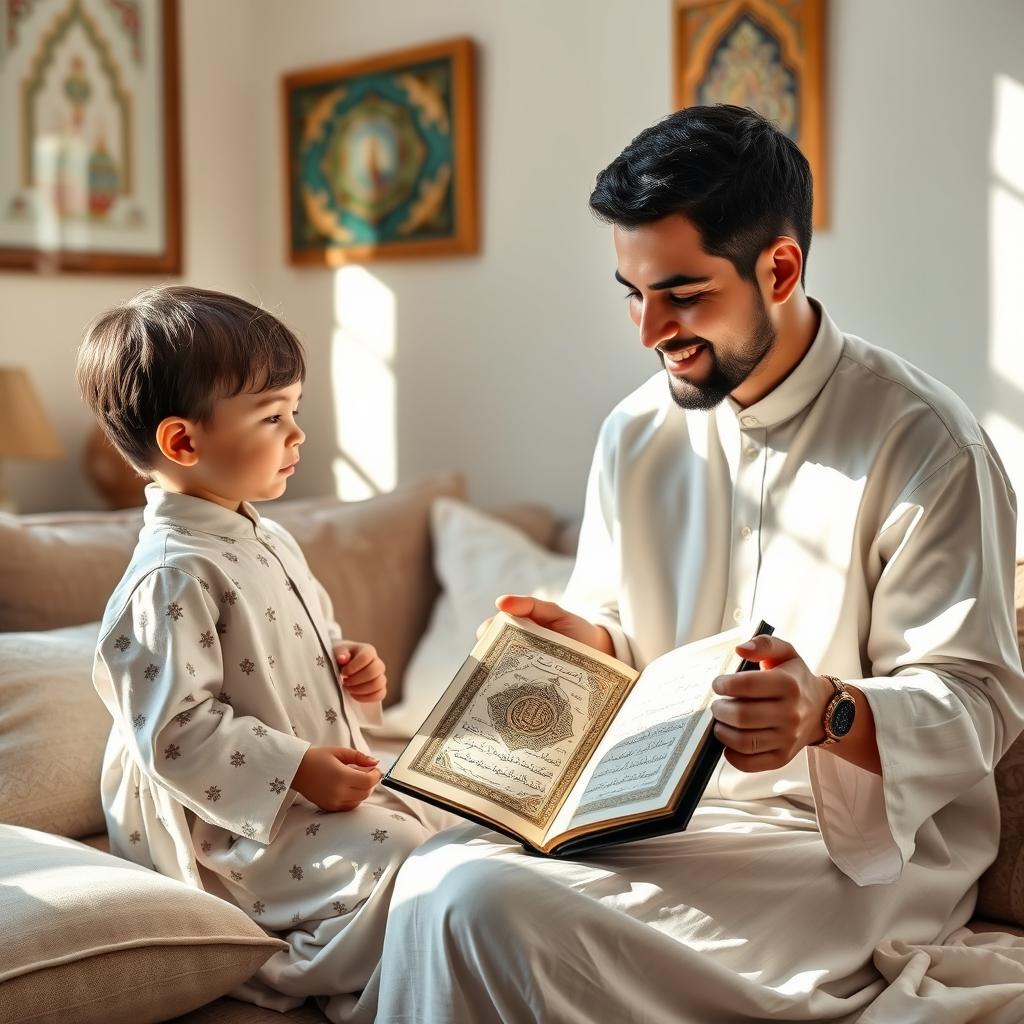 A serene and peaceful scene depicting a parent teaching their child the Surahs of Faza'il after prayer in a cozy, well-lit room