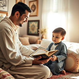 A serene and peaceful scene depicting a parent teaching their child the Surahs of Faza'il after prayer in a cozy, well-lit room