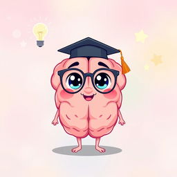 A charming and adorable cartoon illustration of a personified cute brain