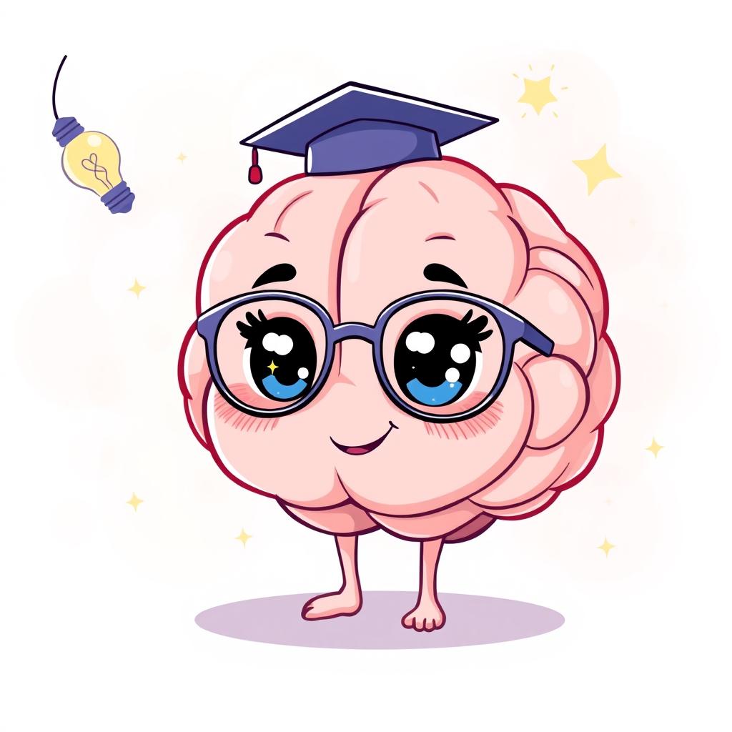 A charming and adorable cartoon illustration of a personified cute brain