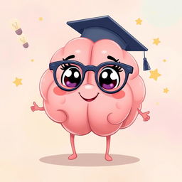 A charming and adorable cartoon illustration of a personified cute brain
