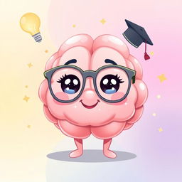 A charming and adorable cartoon illustration of a personified cute brain