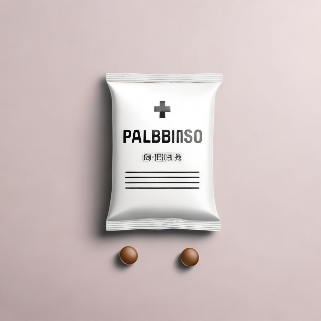 A high-quality digital art illustration of a medicine sachet with the words 'Paleboski Polembo' embossed on it, placed on a simple table