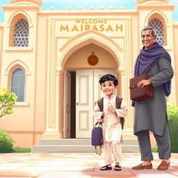 A scene depicting a proud parent sending their child off to a madrasah, the child is wearing a clean, traditional outfit, with details such as a neatly pressed kurta and simple pants, holding a small backpack