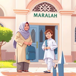 A scene depicting a proud parent sending their child off to a madrasah, the child is wearing a clean, traditional outfit, with details such as a neatly pressed kurta and simple pants, holding a small backpack