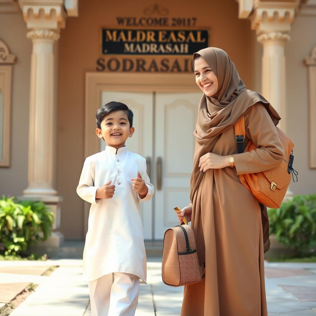 A scene depicting a proud parent sending their child off to a madrasah, the child is wearing a clean, traditional outfit, with details such as a neatly pressed kurta and simple pants, holding a small backpack