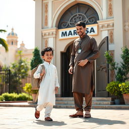 A scene depicting a proud parent sending their child off to a madrasah, the child is wearing a clean, traditional outfit, with details such as a neatly pressed kurta and simple pants, holding a small backpack