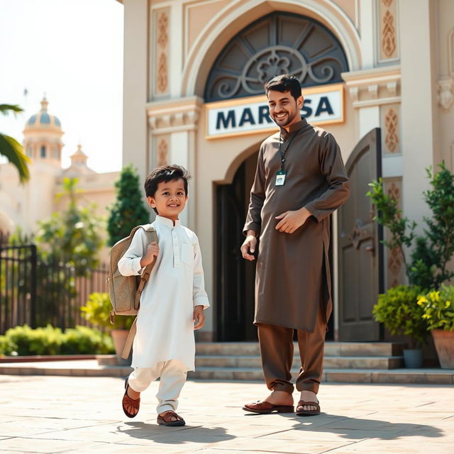 A scene depicting a proud parent sending their child off to a madrasah, the child is wearing a clean, traditional outfit, with details such as a neatly pressed kurta and simple pants, holding a small backpack