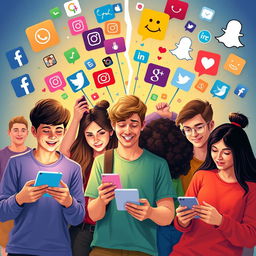 A vibrant and engaging artistic representation of the impact of social media on youth, showcasing a diverse group of teenagers utilizing various digital devices while surrounded by symbols of social media platforms such as Facebook, Instagram, TikTok, and Snapchat