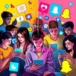 A vibrant and engaging artistic representation of the impact of social media on youth, showcasing a diverse group of teenagers utilizing various digital devices while surrounded by symbols of social media platforms such as Facebook, Instagram, TikTok, and Snapchat