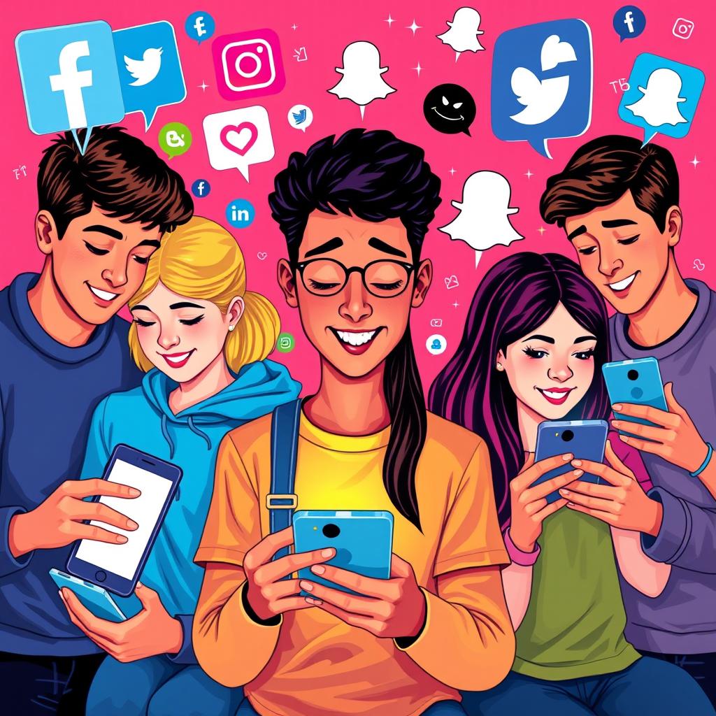 A vibrant and engaging artistic representation of the impact of social media on youth, showcasing a diverse group of teenagers utilizing various digital devices while surrounded by symbols of social media platforms such as Facebook, Instagram, TikTok, and Snapchat