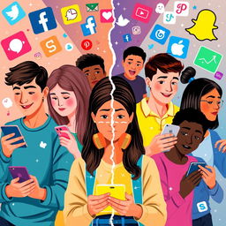 A vibrant and engaging artistic representation of the impact of social media on youth, showcasing a diverse group of teenagers utilizing various digital devices while surrounded by symbols of social media platforms such as Facebook, Instagram, TikTok, and Snapchat