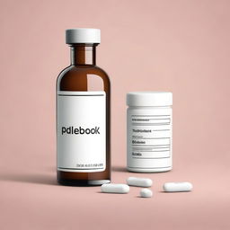 A high-quality digital art illustration of a medicine bottle and tablets with the words 'Paleboski Polembo' etched on the bottle, placed on a simple table