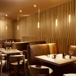 A modern restaurant with an elegant setting, featuring sleek wooden tables accentuated with subtle golden details, and a stylish, welcoming ambiance.