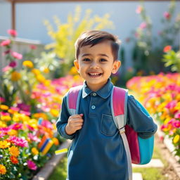 A bright and inspiring scene of a child dressed in a clean and neat school uniform, happily preparing to go to a madrasah