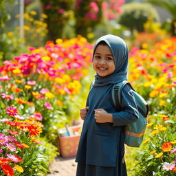 A bright and inspiring scene of a child dressed in a clean and neat school uniform, happily preparing to go to a madrasah