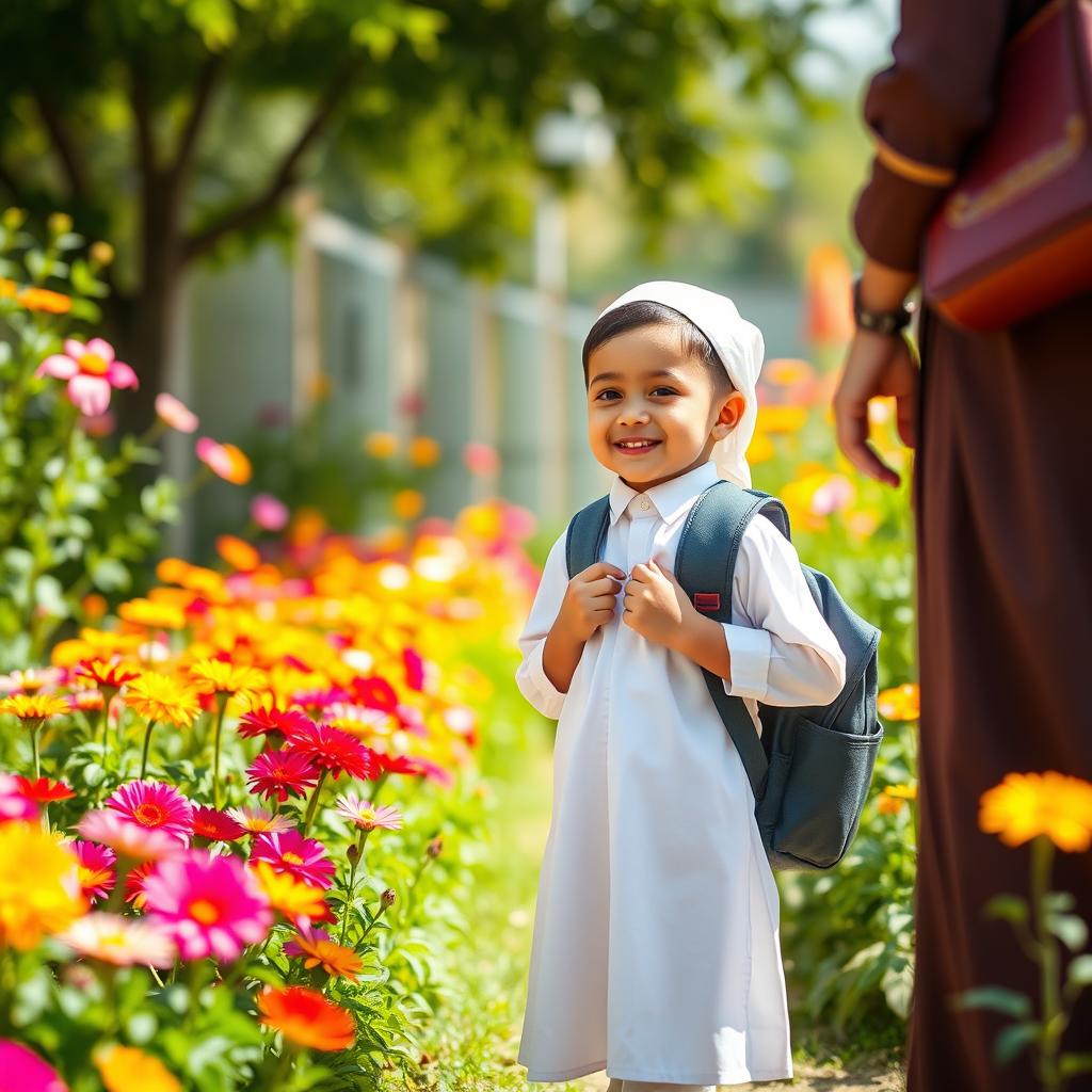 A bright and inspiring scene of a child dressed in a clean and neat school uniform, happily preparing to go to a madrasah