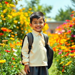 A bright and inspiring scene of a child dressed in a clean and neat school uniform, happily preparing to go to a madrasah