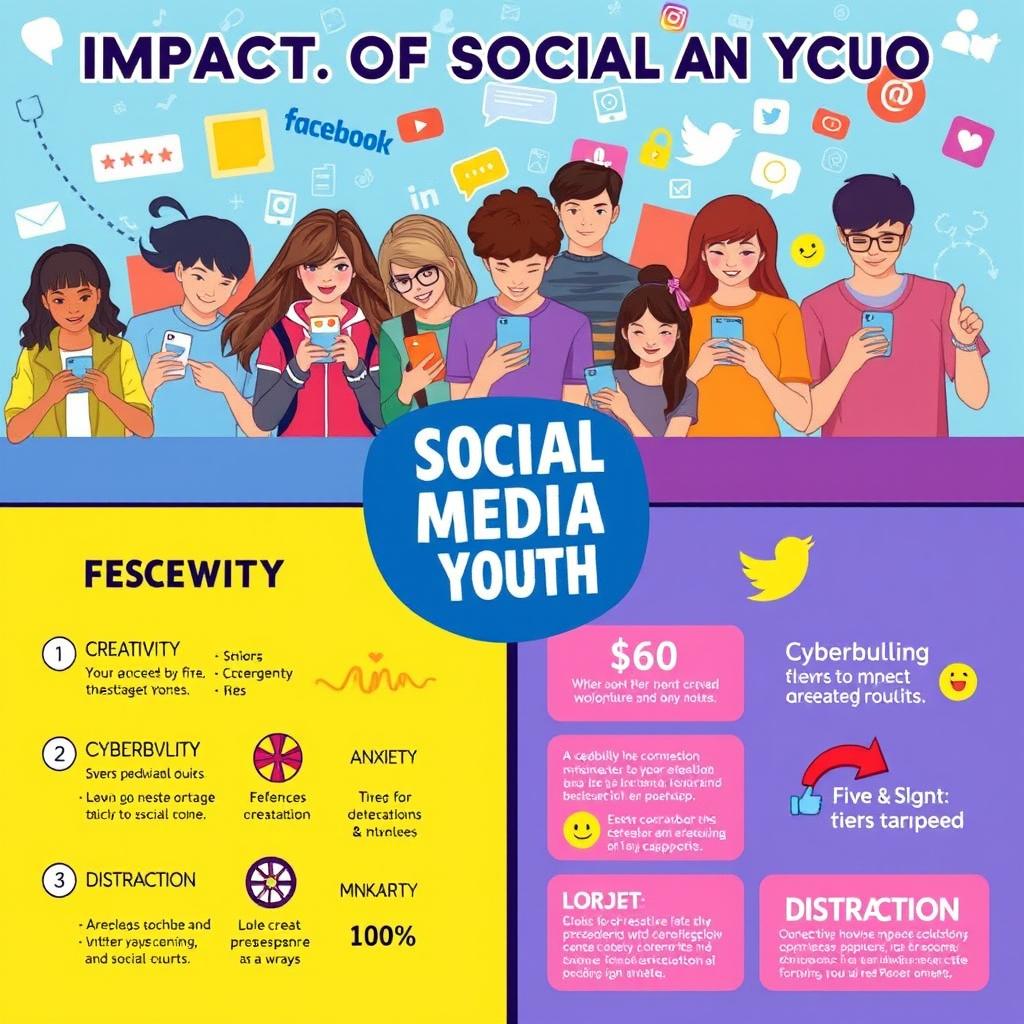 A vibrant and engaging infograph depicting the impact of social media on youth