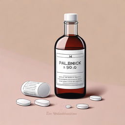 A high-quality digital art illustration of a medicine bottle and tablets with the words 'Paleboski Polembo' etched on the bottle, placed on a simple table