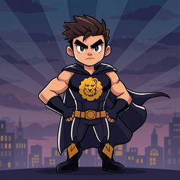 A powerful cartoon illustration of a personified character representing courage as a tall and strong serious boy