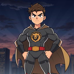 A powerful cartoon illustration of a personified character representing courage as a tall and strong serious boy