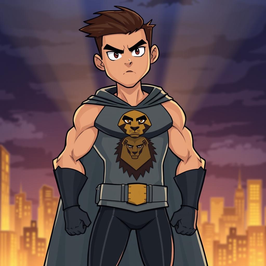 A powerful cartoon illustration of a personified character representing courage as a tall and strong serious boy