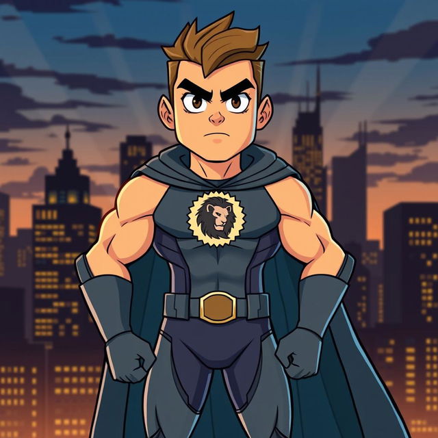 A powerful cartoon illustration of a personified character representing courage as a tall and strong serious boy