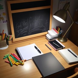 A neatly organized study desk filled with colorful chalk, a clean chalkboard, a variety of notebooks, and some pens