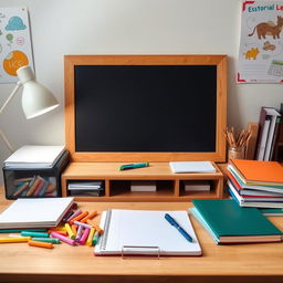 A neatly organized study desk filled with colorful chalk, a clean chalkboard, a variety of notebooks, and some pens