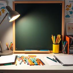 A neatly organized study desk filled with colorful chalk, a clean chalkboard, a variety of notebooks, and some pens