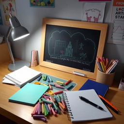 A neatly organized study desk filled with colorful chalk, a clean chalkboard, a variety of notebooks, and some pens