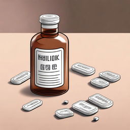 A high-quality digital art illustration of a medicine bottle and tablets with the words 'Paleboski Polembo' etched on the bottle, placed on a simple table