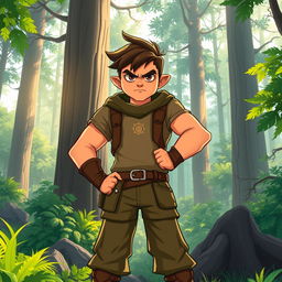 A captivating cartoon illustration of a personified character representing courage as a tall and strong serious boy set in a lush forest