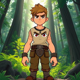 A captivating cartoon illustration of a personified character representing courage as a tall and strong serious boy set in a lush forest