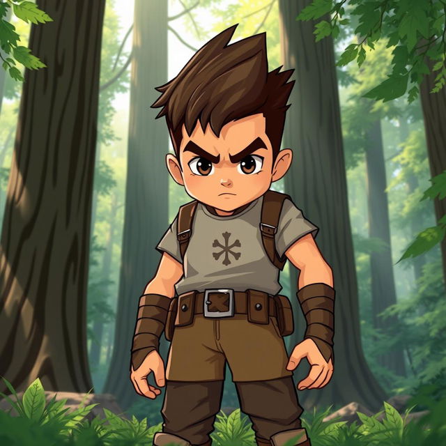 A captivating cartoon illustration of a personified character representing courage as a tall and strong serious boy set in a lush forest