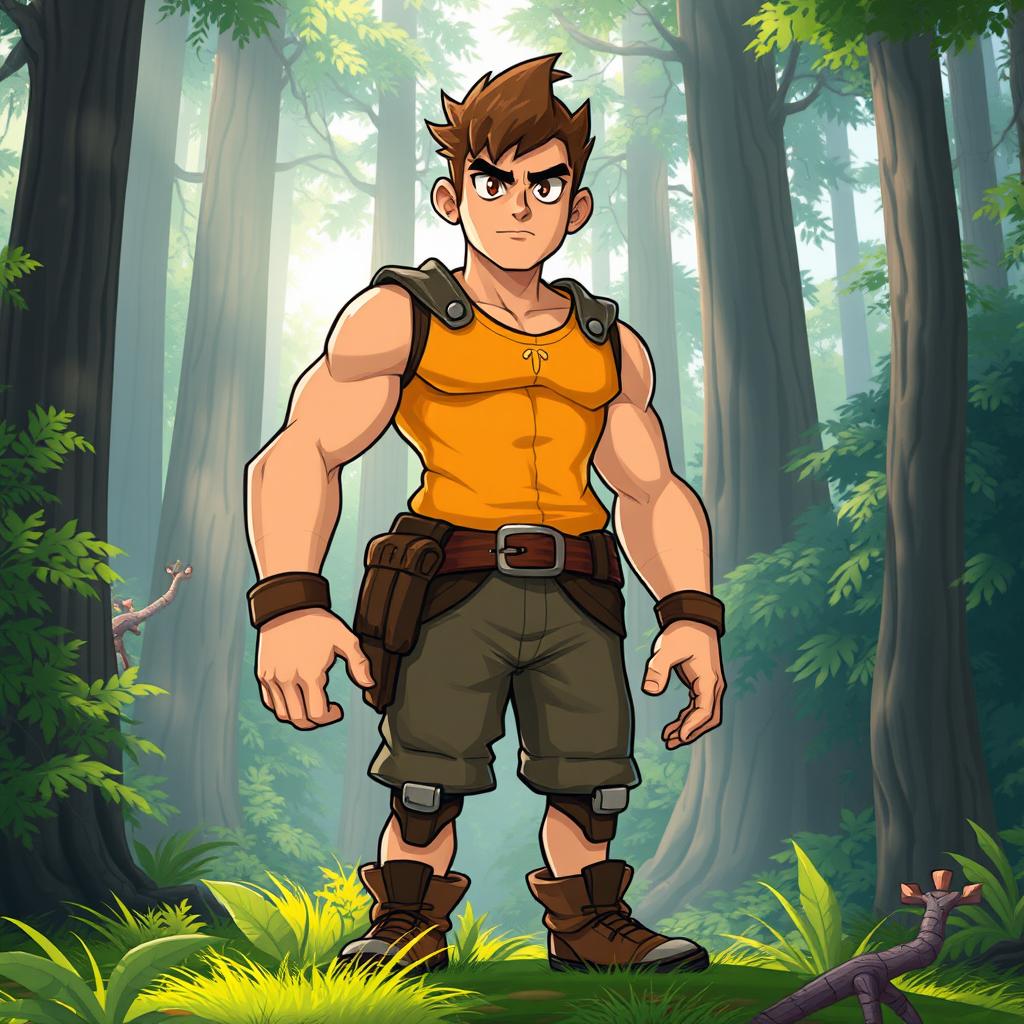 A captivating cartoon illustration of a personified character representing courage as a tall and strong serious boy set in a lush forest