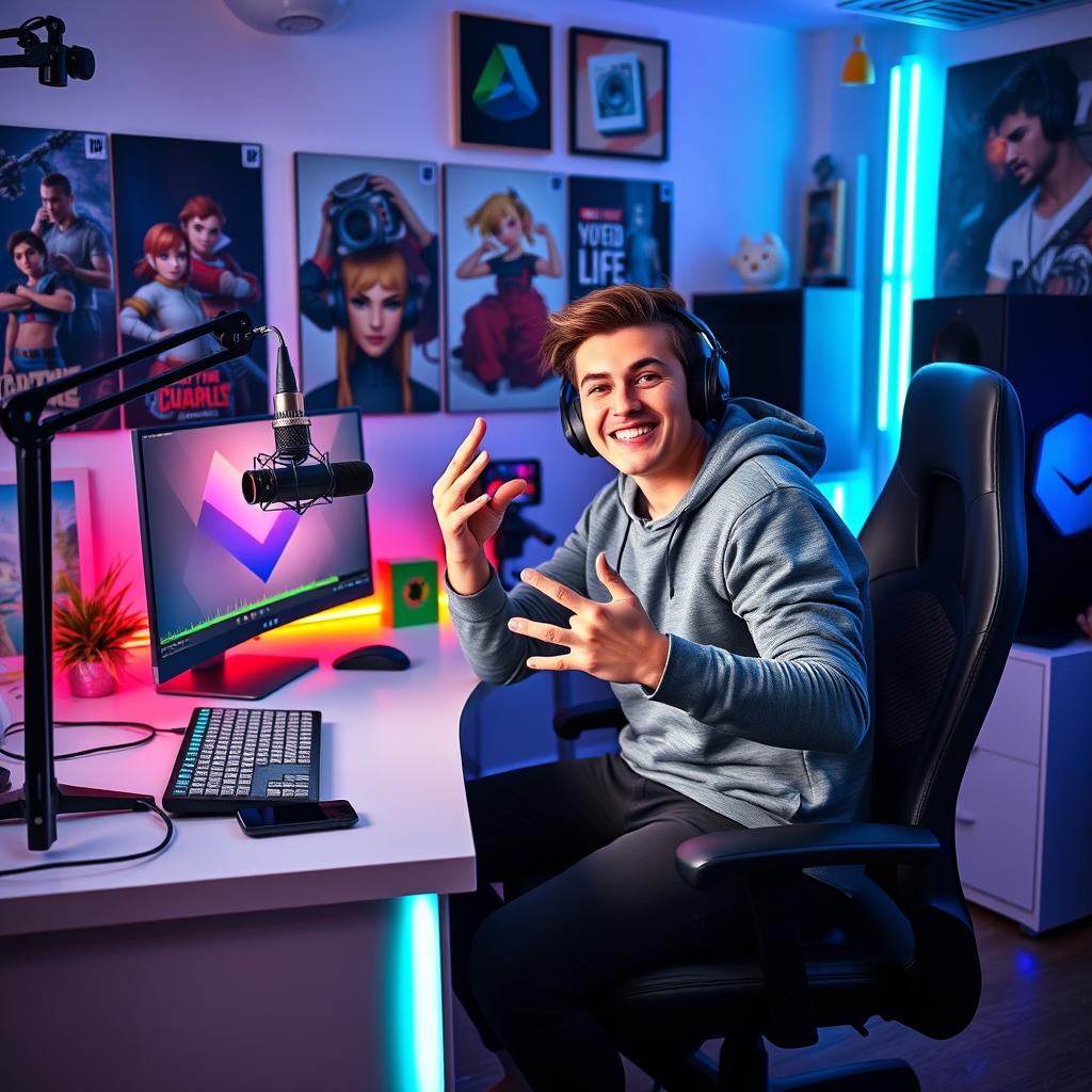 A trendy YouTuber sitting at a stylish desk in a modern home studio surrounded by colorful LED lights, a high-quality microphone and camera set up, with a playful expression, confidently engaging with their audience through a dynamic online video, dressed in casual yet fashionable clothing, with energetic and inviting body language