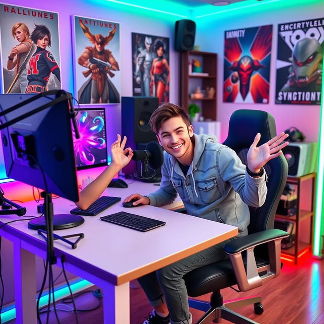 A trendy YouTuber sitting at a stylish desk in a modern home studio surrounded by colorful LED lights, a high-quality microphone and camera set up, with a playful expression, confidently engaging with their audience through a dynamic online video, dressed in casual yet fashionable clothing, with energetic and inviting body language