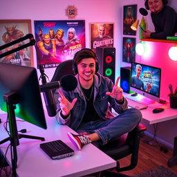 A trendy YouTuber sitting at a stylish desk in a modern home studio surrounded by colorful LED lights, a high-quality microphone and camera set up, with a playful expression, confidently engaging with their audience through a dynamic online video, dressed in casual yet fashionable clothing, with energetic and inviting body language