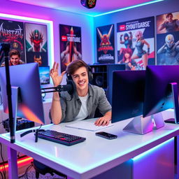 A trendy YouTuber sitting at a stylish desk in a modern home studio surrounded by colorful LED lights, a high-quality microphone and camera set up, with a playful expression, confidently engaging with their audience through a dynamic online video, dressed in casual yet fashionable clothing, with energetic and inviting body language
