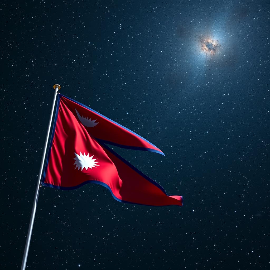 A stunning view of the flag of Nepal flying majestically in the vastness of space