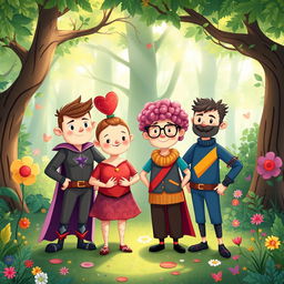 A whimsical and colorful illustration depicting four anthropomorphized characters representing courage, heart, brain, and pride standing together in a vibrant, enchanted forest