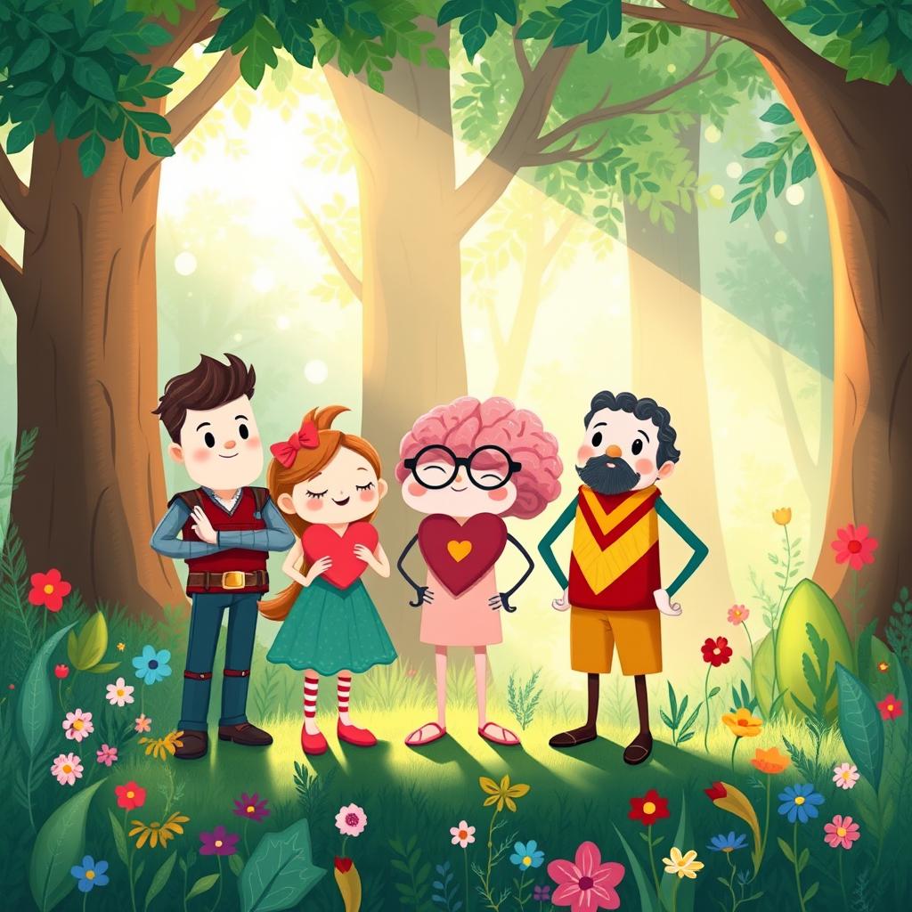 A whimsical and colorful illustration depicting four anthropomorphized characters representing courage, heart, brain, and pride standing together in a vibrant, enchanted forest