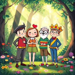 A whimsical and colorful illustration depicting four anthropomorphized characters representing courage, heart, brain, and pride standing together in a vibrant, enchanted forest