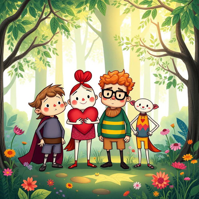 A whimsical and colorful illustration depicting four anthropomorphized characters representing courage, heart, brain, and pride standing together in a vibrant, enchanted forest