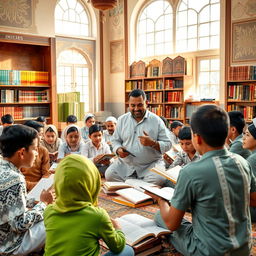 A vibrant and lively classroom setting in a madrasa, showcasing students engaged in various activities such as reading, writing, and discussion
