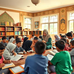 A vibrant and lively classroom setting in a madrasa, showcasing students engaged in various activities such as reading, writing, and discussion