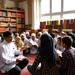 A vibrant and lively classroom setting in a madrasa, showcasing students engaged in various activities such as reading, writing, and discussion